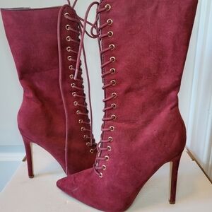 Burgundy Suede Lace Up Boots